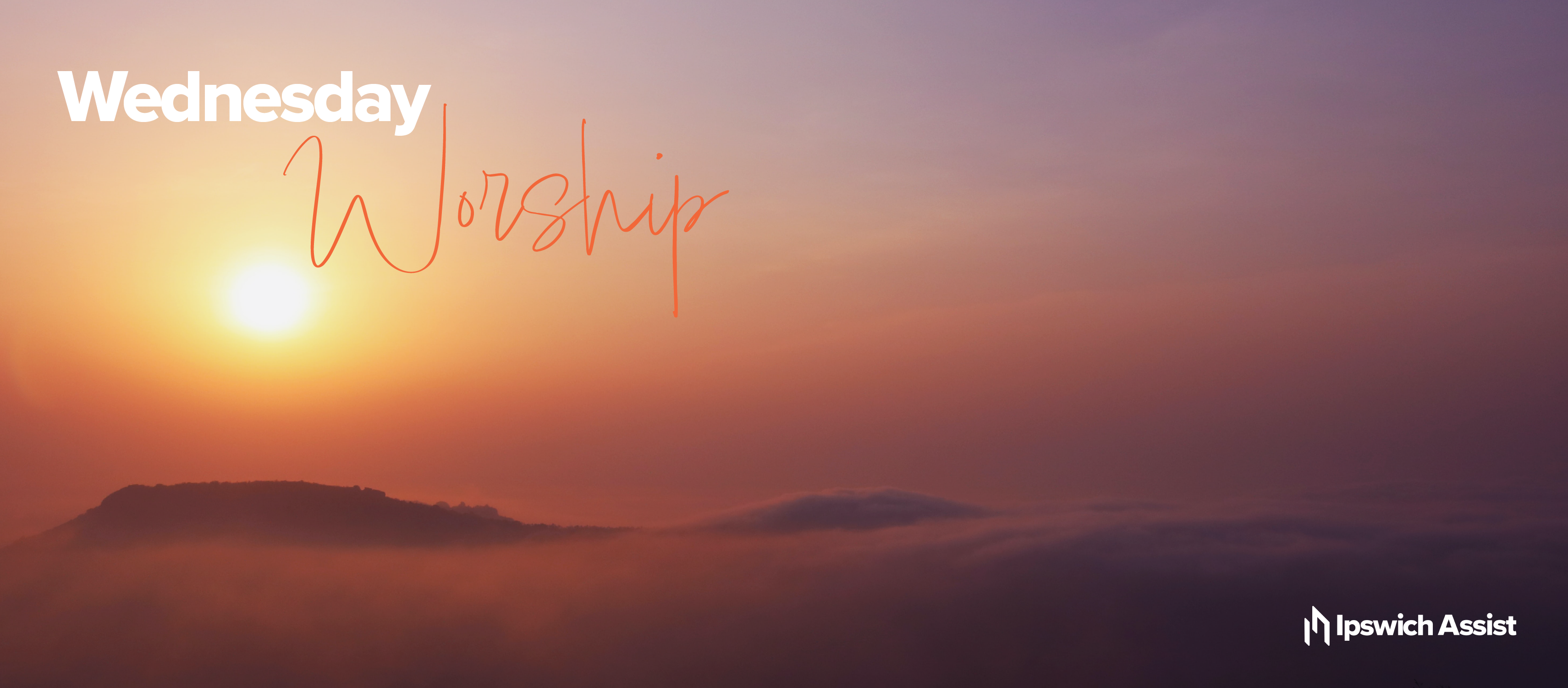 Image of golden sunrise, with text across it "Wednesday Worship"